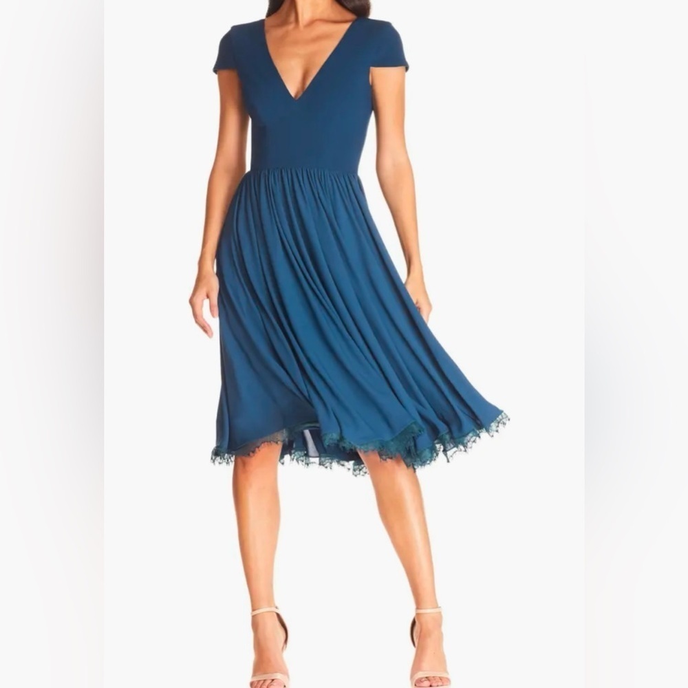 V-Neck Teal Midi Dress with Lace Trim